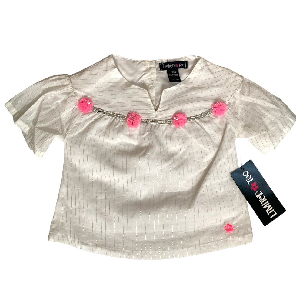 NWT Y2K Vintage Limited Too Sparkly White Silver Sequin Pink Pom Pom Blouse Top